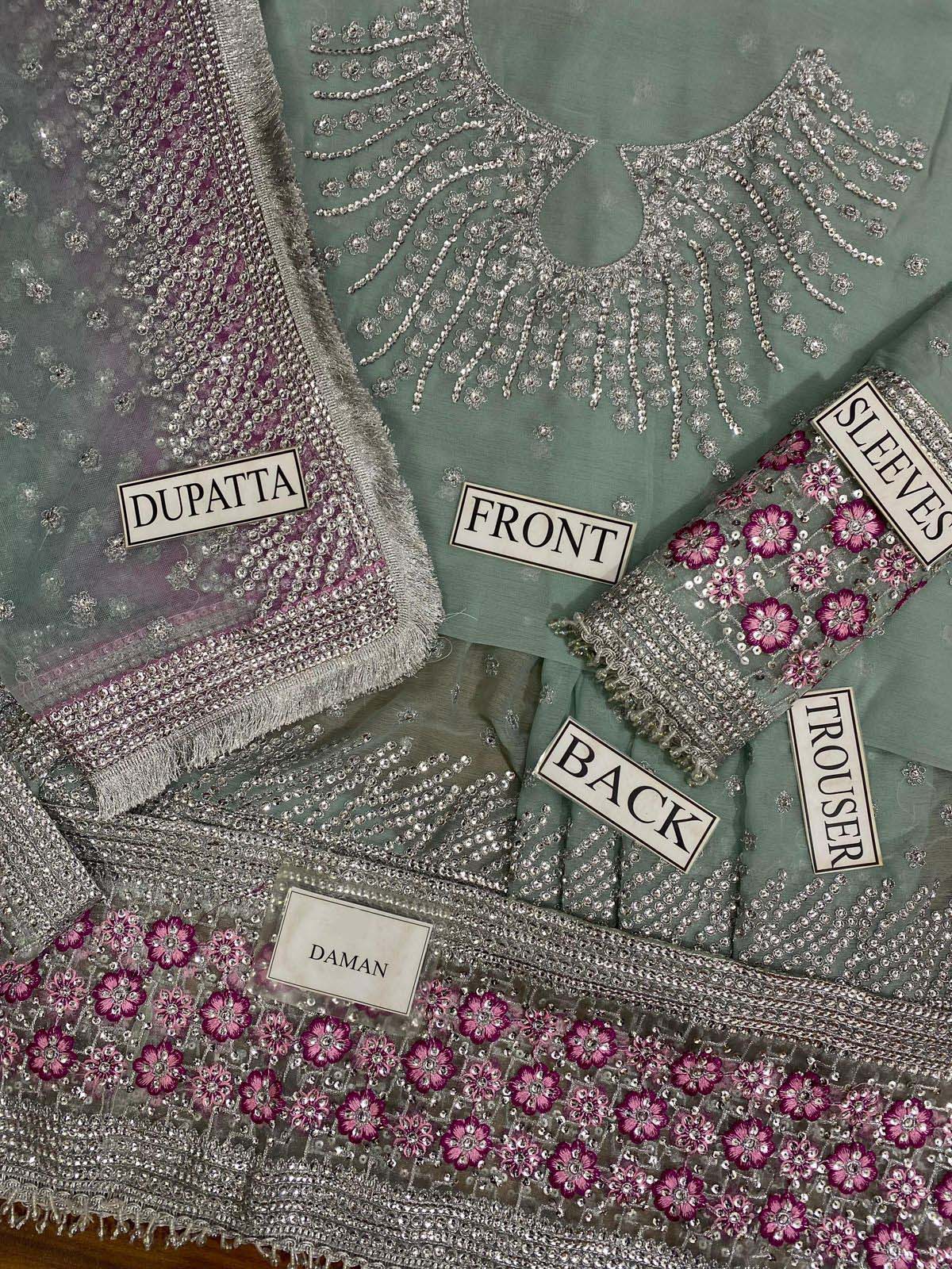Jazmin Sequence Embroidered Chiffon Maxi 3-Piece with Net Dupatta & Silk Trouser Unstitched UP74