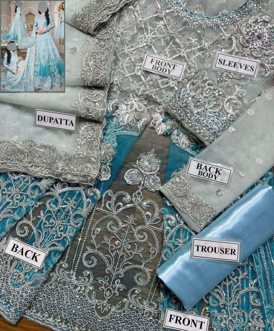 Maria B Net Frock 3-Piece with Embroidered Dupatta & Satin Silk Trouser Unstitched UP164