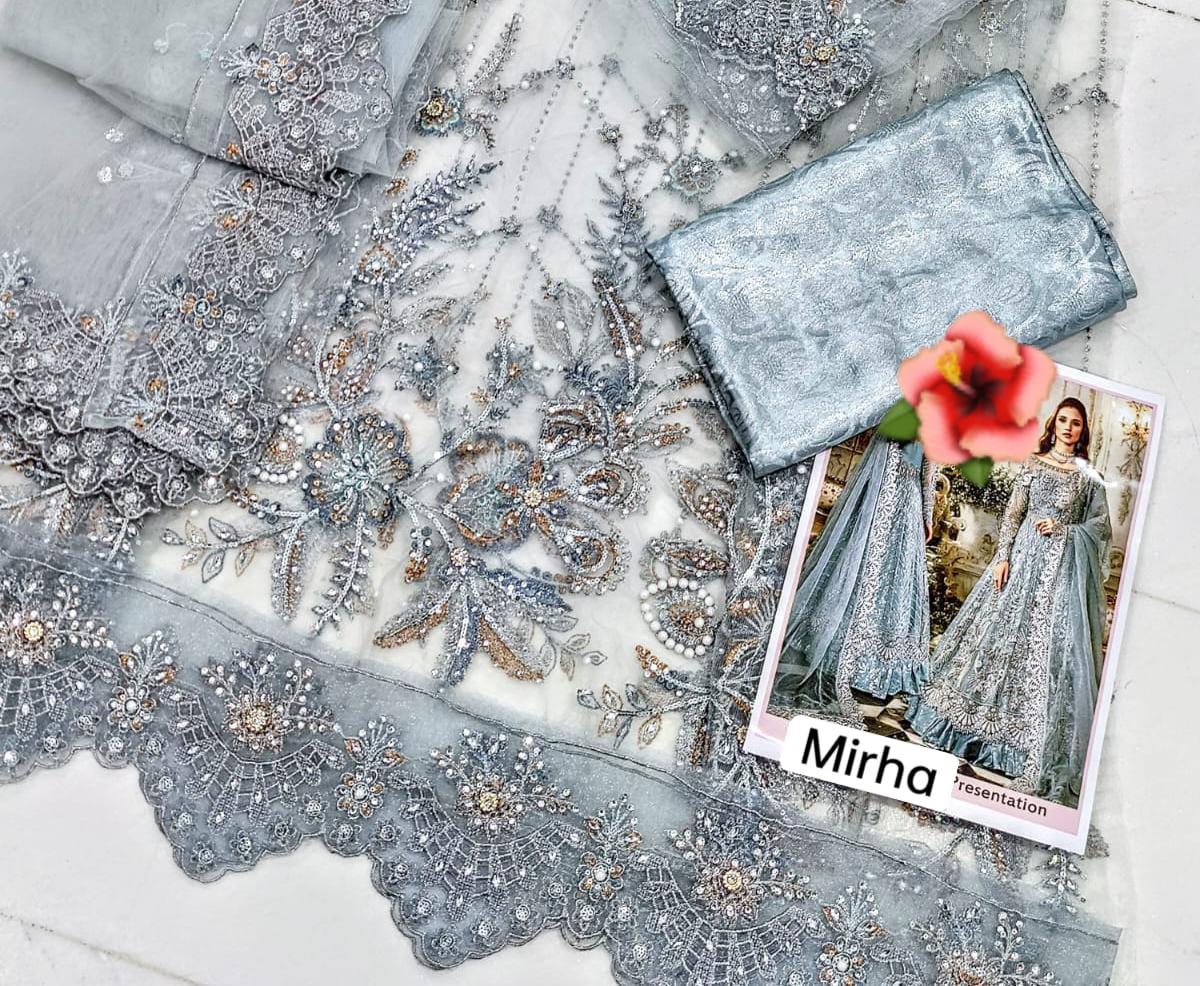 Maria B Bridal Sky Blue Luxury Collection with Qasab Net & Sheesha Jamawar Trouser Unstitched UP195
