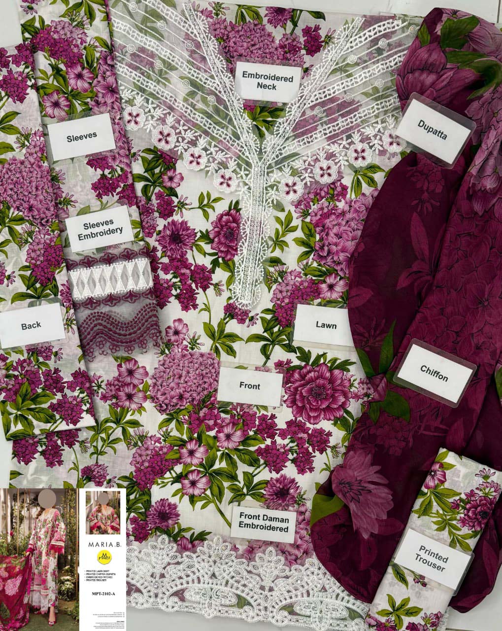 Maria B Digital Printed Lawn 3-Piece with Chiffon Dupatta Unstitched UP313
