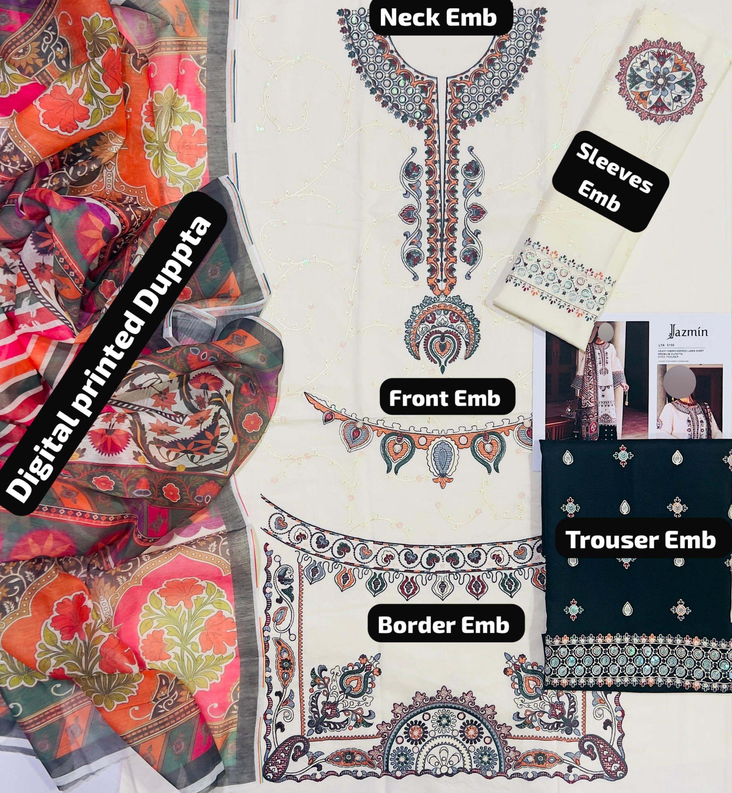 Jazmin Heavy Embroidered Lawn 3-Piece with Digital Printed Monark Dupatta Unstitched DPS105