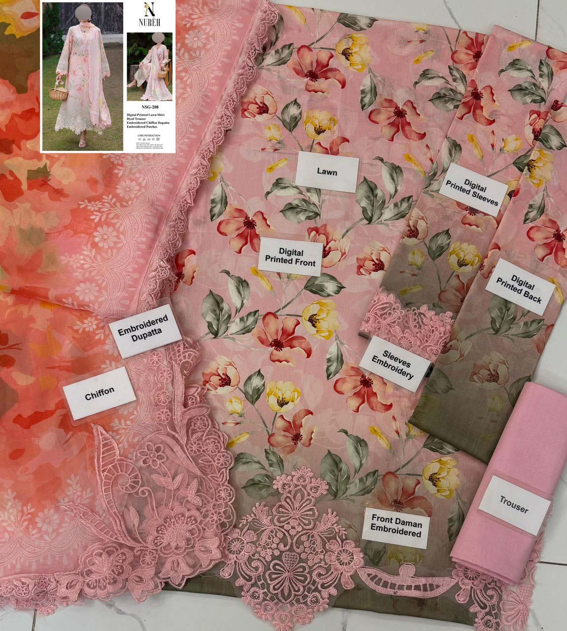 Printed Lawn 3-Piece Suit with Chiffon Dupatta KS79MX021