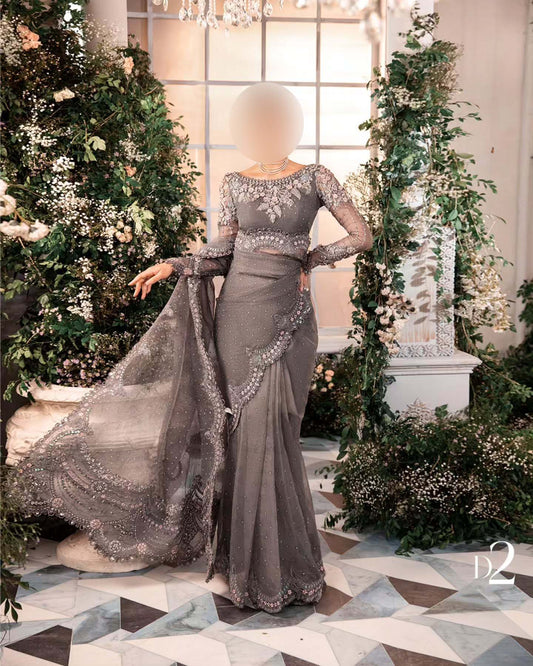 Maria B Exclusive Heavy Embroidered Net Saree with Silk Petticoat Unstitched UP198