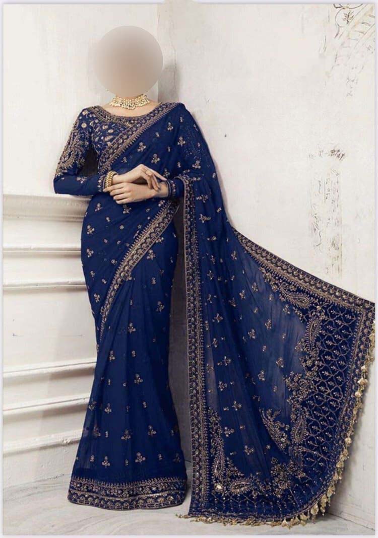 Maria B Wedding Collection Saree Heavy Embroidered Net Saree 1UP27