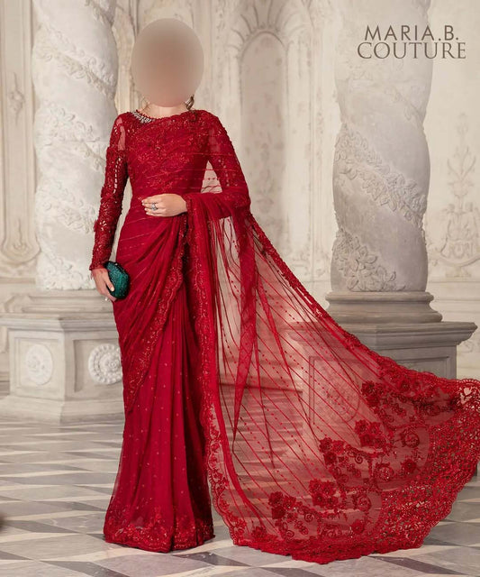 Maria B Luxury Heavy Embroidered Net Saree with Silk Petticoat UP32