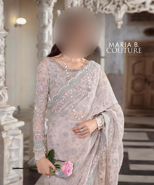 Maria B Exclusive Heavy Embroidered Net Saree with Silk Petticoat UP30