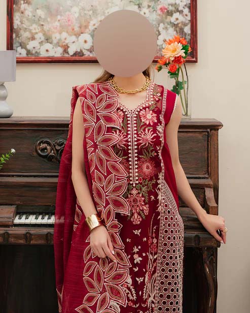 Mahnur Chikankari Cotton 3-Piece Unstitched Suit with Khaddi Net Dupatta KSA69