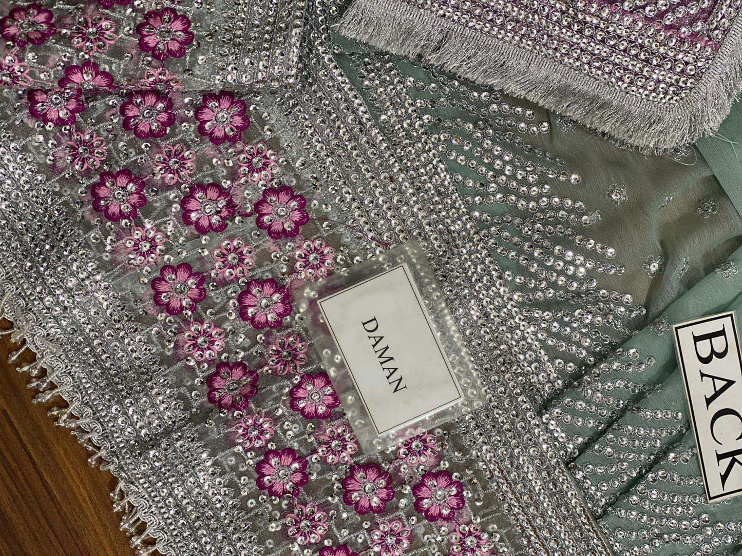 Jazmin Sequence Embroidered Chiffon Maxi 3-Piece with Net Dupatta & Silk Trouser Unstitched UP74