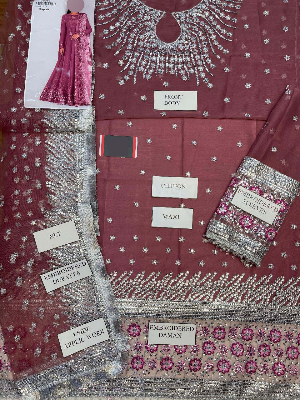 Jazmin Sequence Embroidered Chiffon Maxi 3-Piece with Net Dupatta & Silk Trouser Unstitched UP76