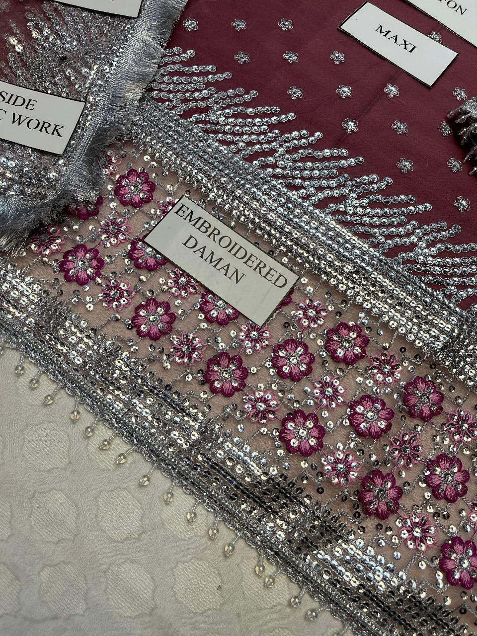 Jazmin Sequence Embroidered Chiffon Maxi 3-Piece with Net Dupatta & Silk Trouser Unstitched UP76