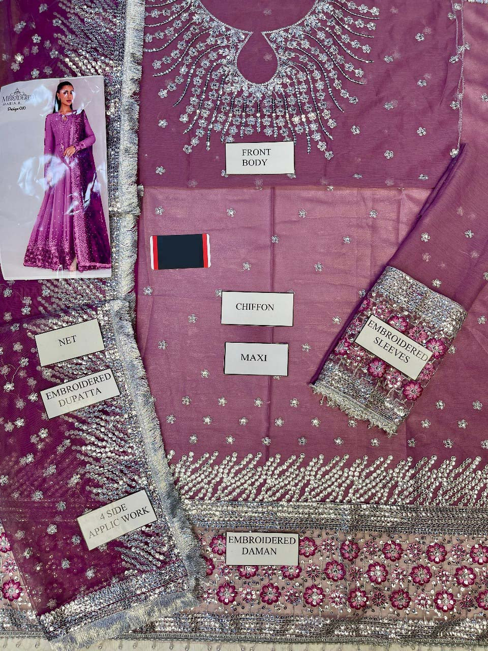 Jazmin Sequence Embroidered Chiffon Maxi 3-Piece with Net Dupatta & Silk Trouser Unstitched UP75