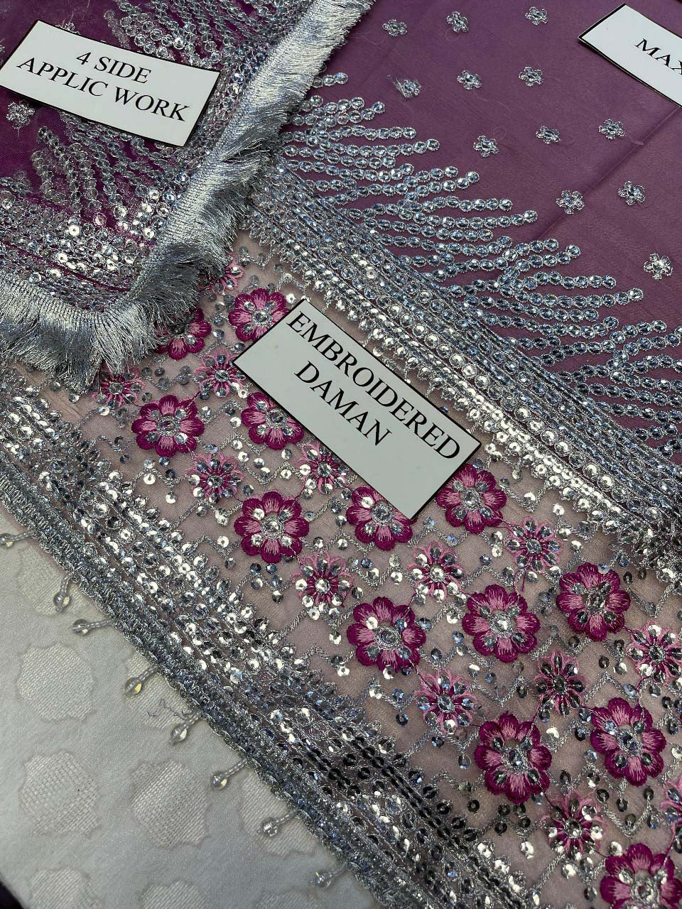 Jazmin Sequence Embroidered Chiffon Maxi 3-Piece with Net Dupatta & Silk Trouser Unstitched UP75