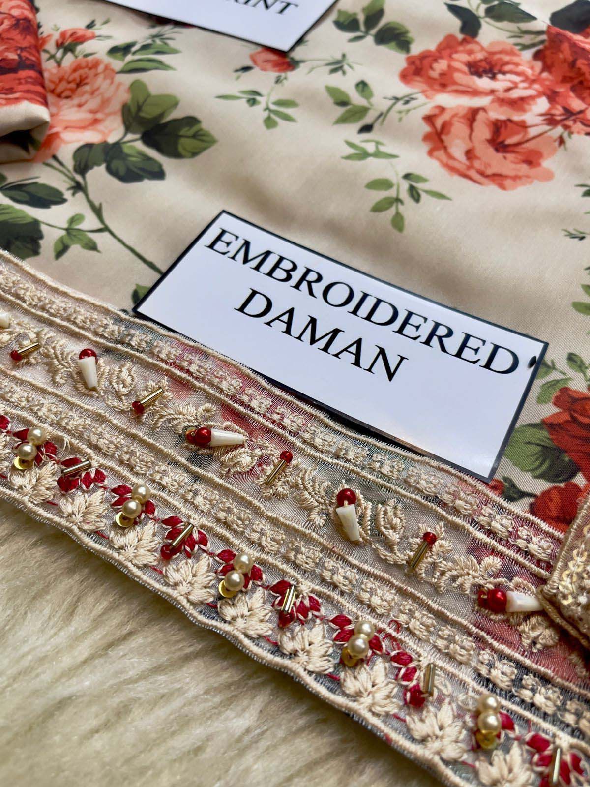 Vaniya Embroidered Digital Swiss Lawn 3-Piece with Organza Dupatta Unstitched UP002