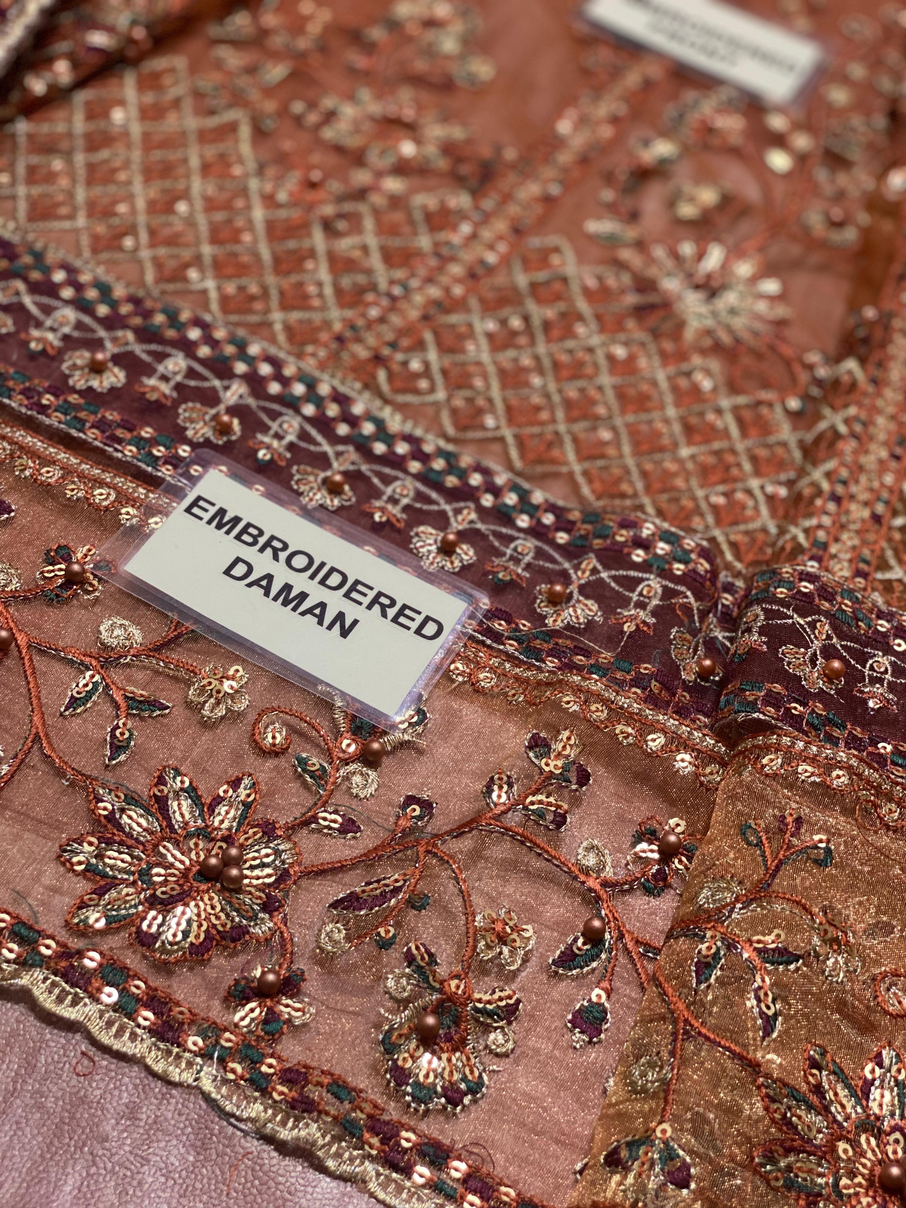 Farasha Embroidered Net Frock 3-Piece with Net Dupatta & Shamose Silk Trouser Unstitched UP65