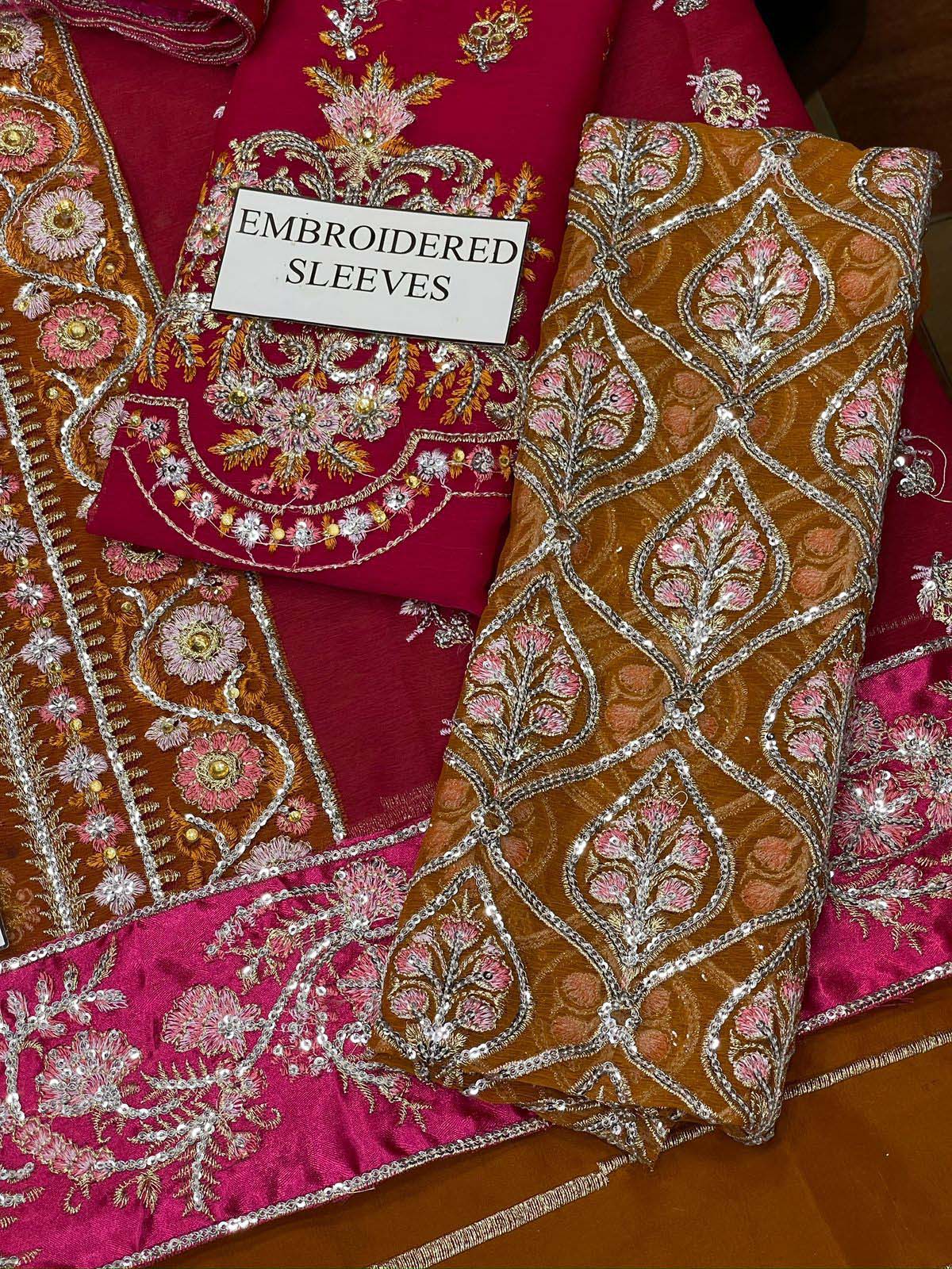 Crimson Sequence & Handwork Chiffon 3-Piece with Organza Dupatta Unstitched UP90