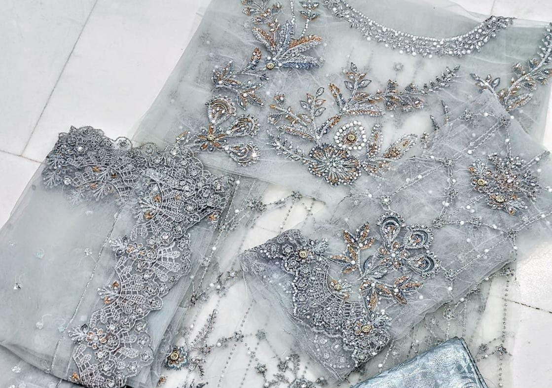 Maria B Bridal Sky Blue Luxury Collection with Qasab Net & Sheesha Jamawar Trouser Unstitched UP195