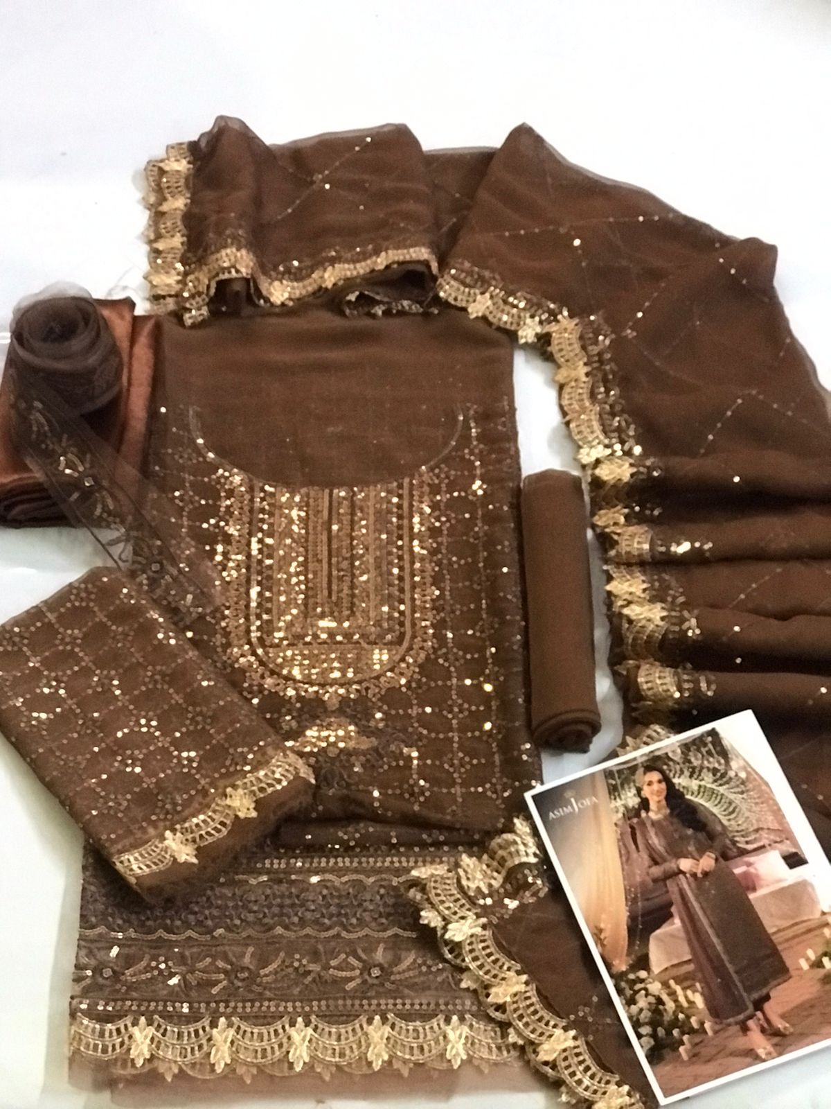 Asim Jofa Coffee Brown Embroidered Chiffon 3-Piece Suite Unstitched UP97