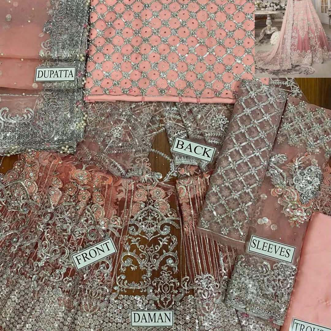 Maria B Net Frock 3-Piece with Embroidered Dupatta & Satin Silk Trouser Unstitched 2UP164