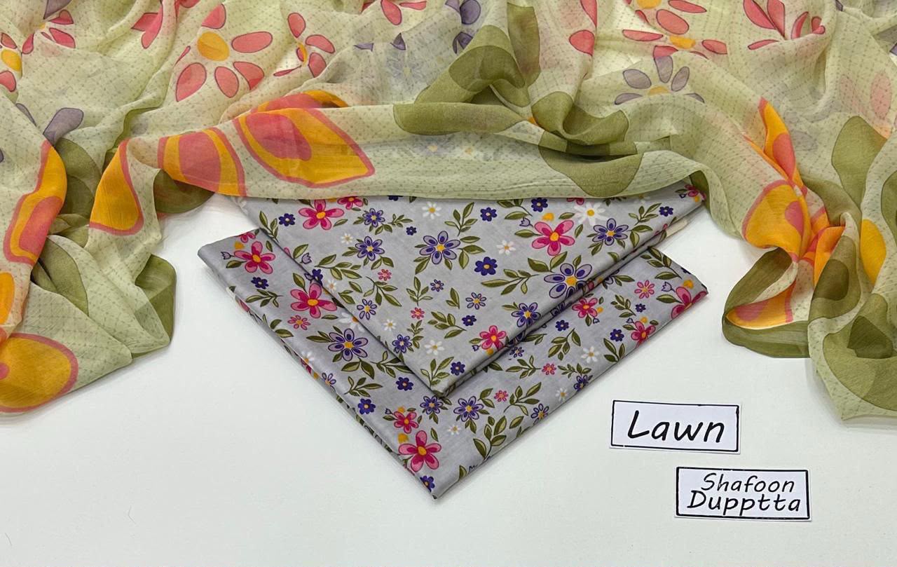 Digital Printed Lawn 3-Piece with Chiffon Dupatta Unstitched