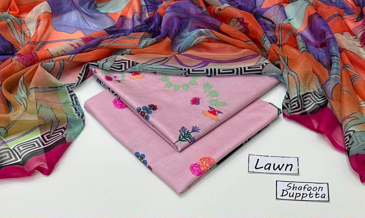 Digital Printed Lawn 3-Piece with Chiffon Dupatta Unstitched