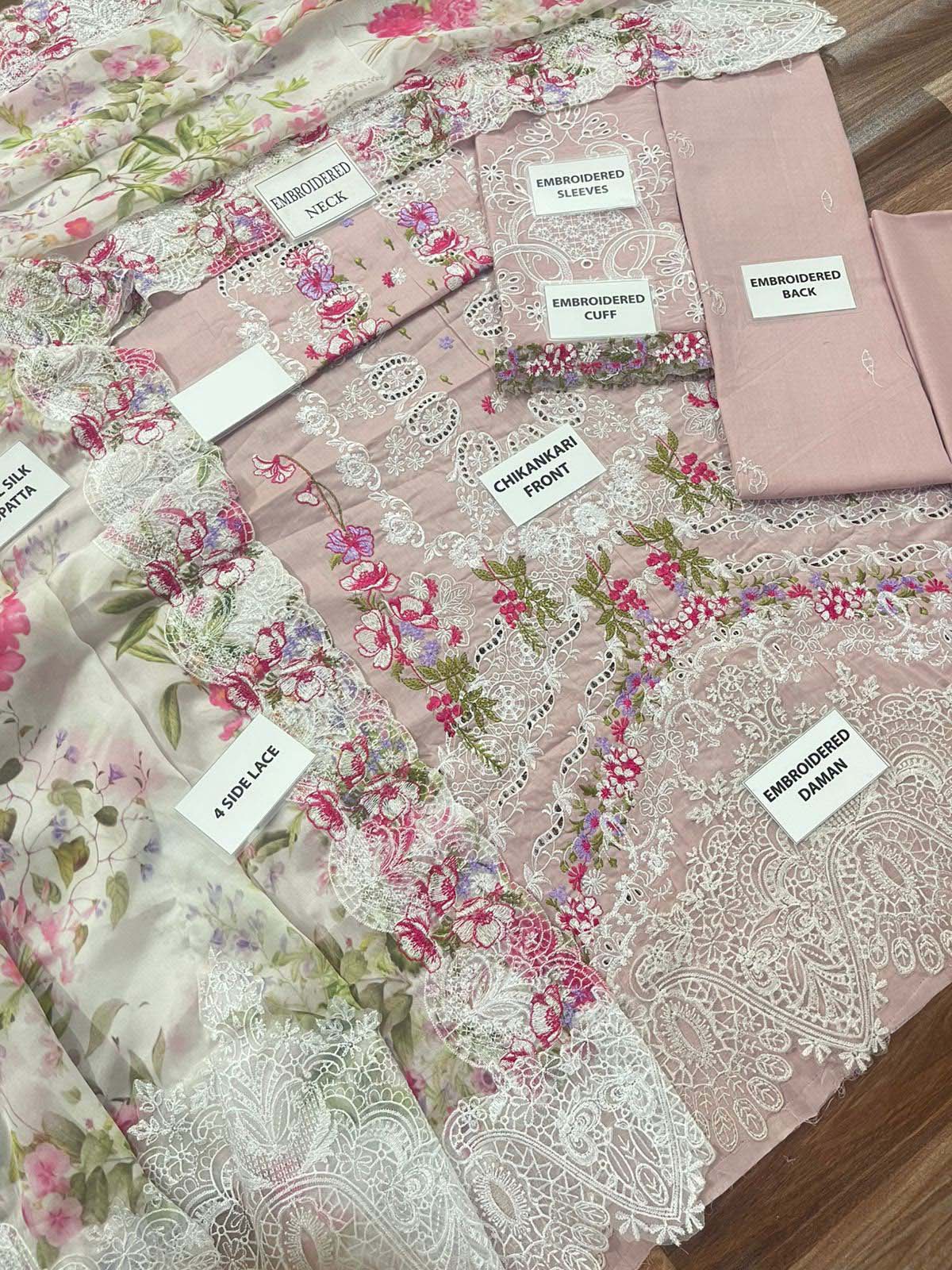 Elaf Chikankari Cotton 3-Piece unstitched Suit with Silk Dupatta KSA67