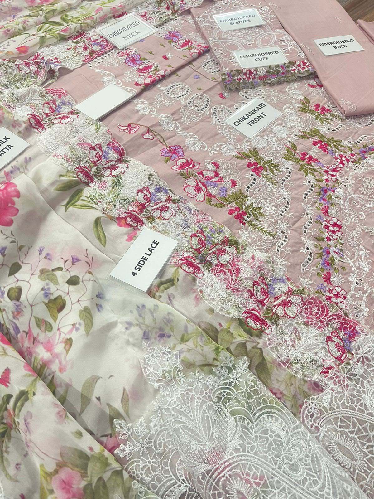 Elaf Chikankari Cotton 3-Piece unstitched Suit with Silk Dupatta KSA67