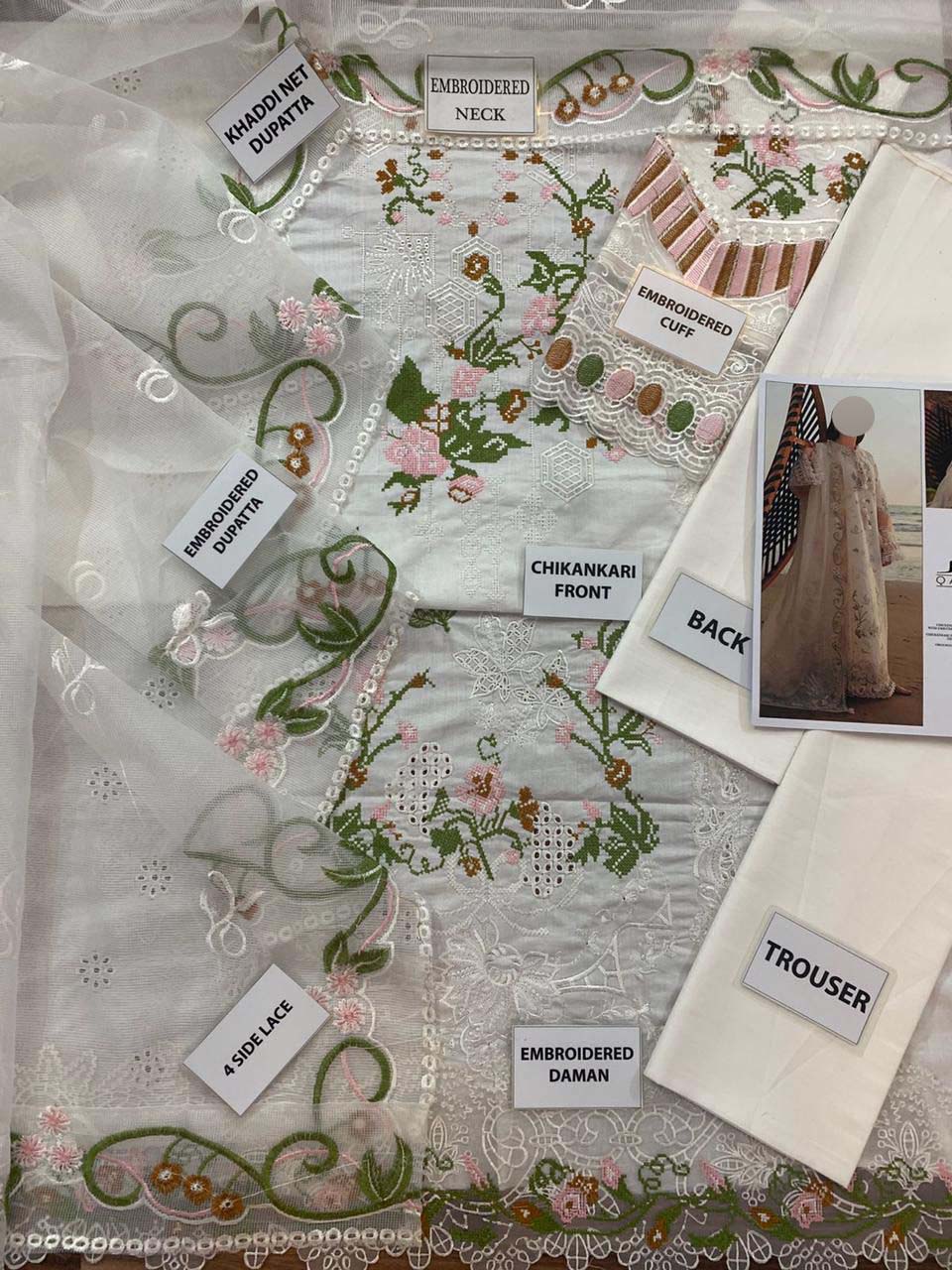 Qalamkar Chikankari Cotton 3-Piece unstitched Suit with Khaddi Net Dupatta KSA68