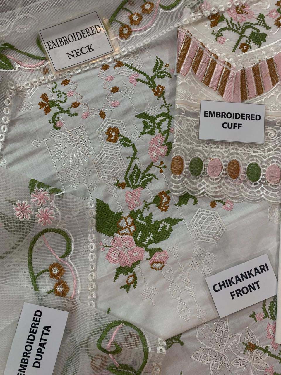 Qalamkar Chikankari Cotton 3-Piece unstitched Suit with Khaddi Net Dupatta KSA68