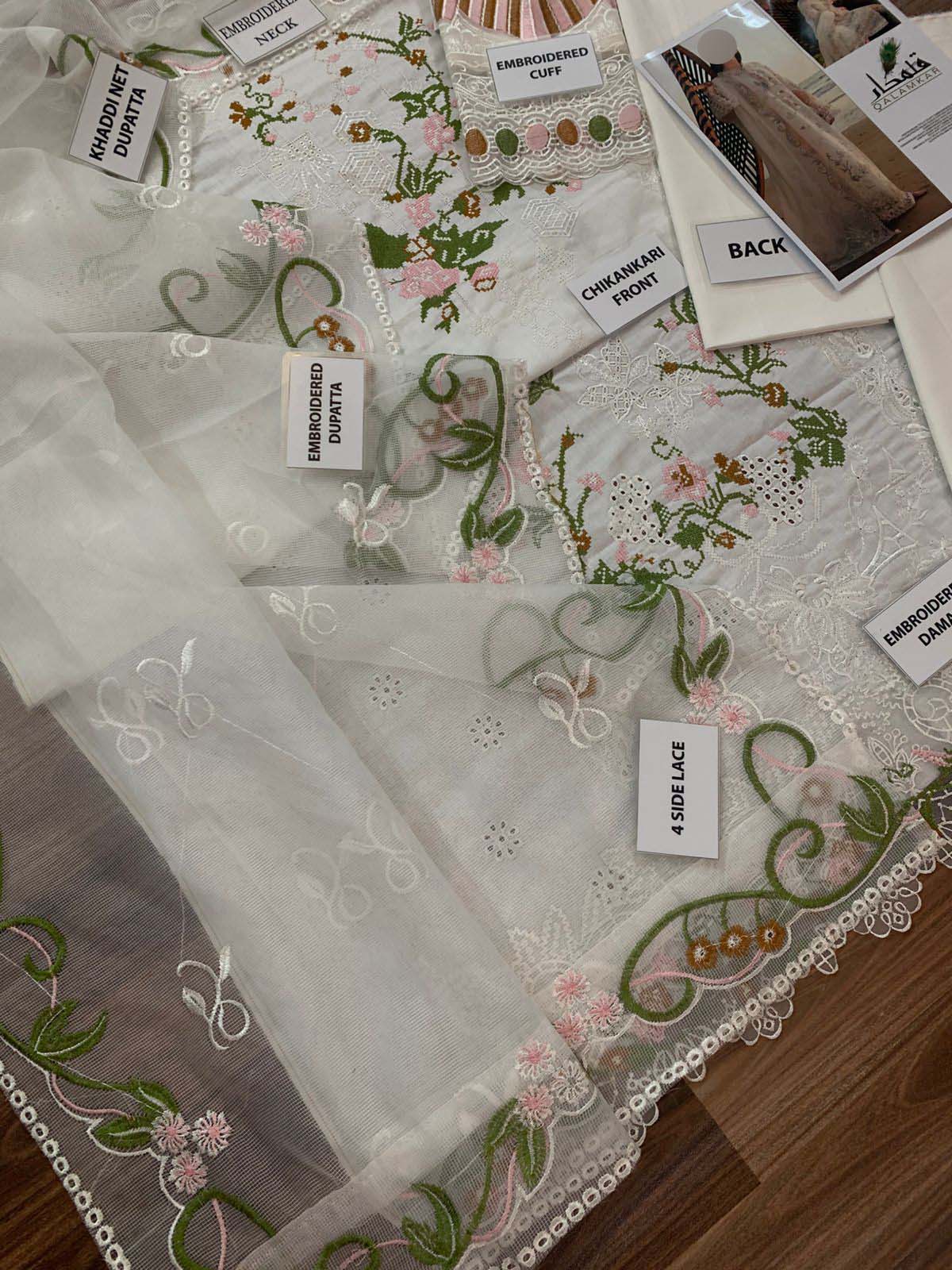 Qalamkar Chikankari Cotton 3-Piece unstitched Suit with Khaddi Net Dupatta KSA68
