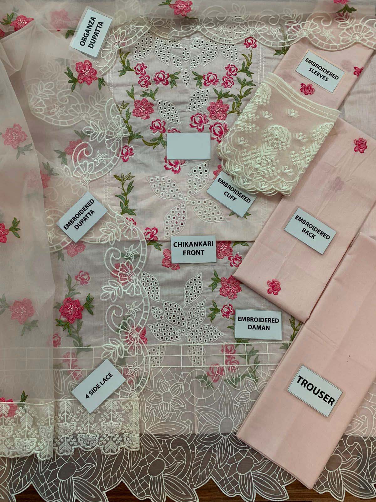 Mahnur Chikankari Cotton 3-Piece Unstitched Suit with Organza Dupatta KSA71