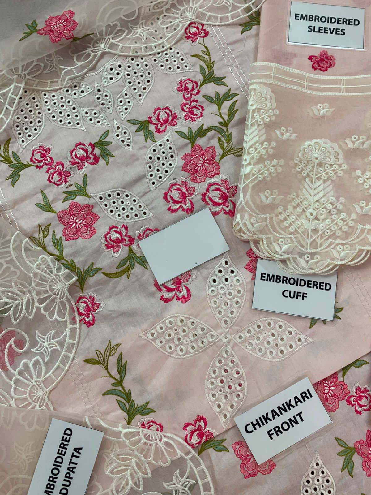 Mahnur Chikankari Cotton 3-Piece Unstitched Suit with Organza Dupatta KSA71