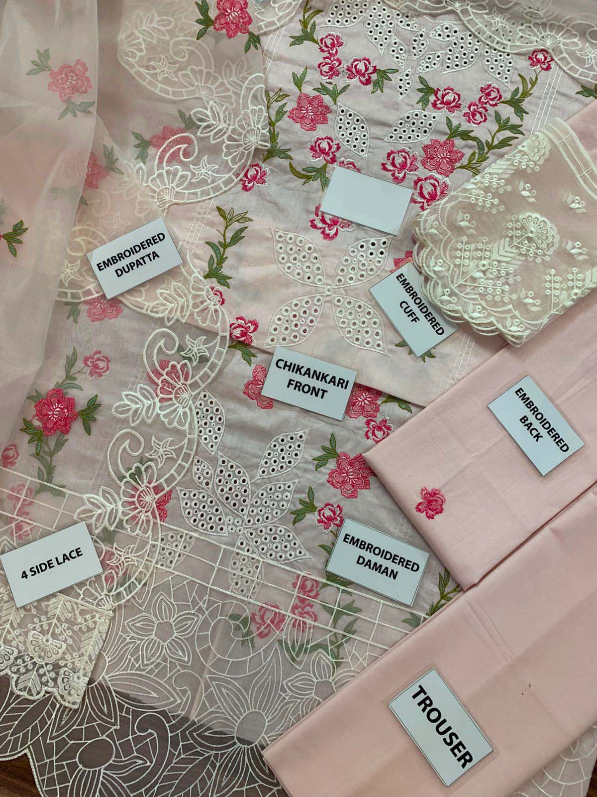 Mahnur Chikankari Cotton 3-Piece Unstitched Suit with Organza Dupatta KSA71