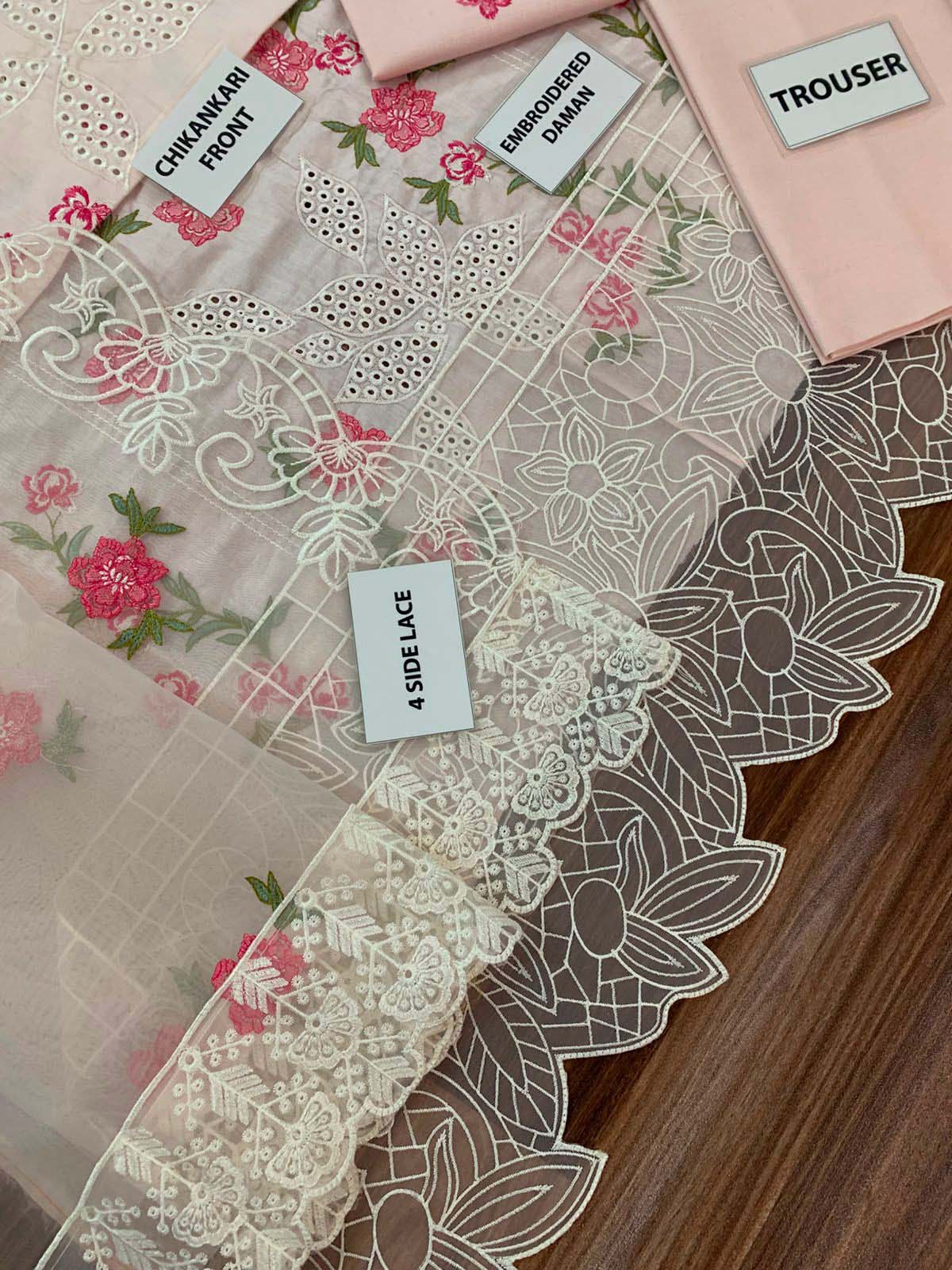 Mahnur Chikankari Cotton 3-Piece Unstitched Suit with Organza Dupatta KSA71