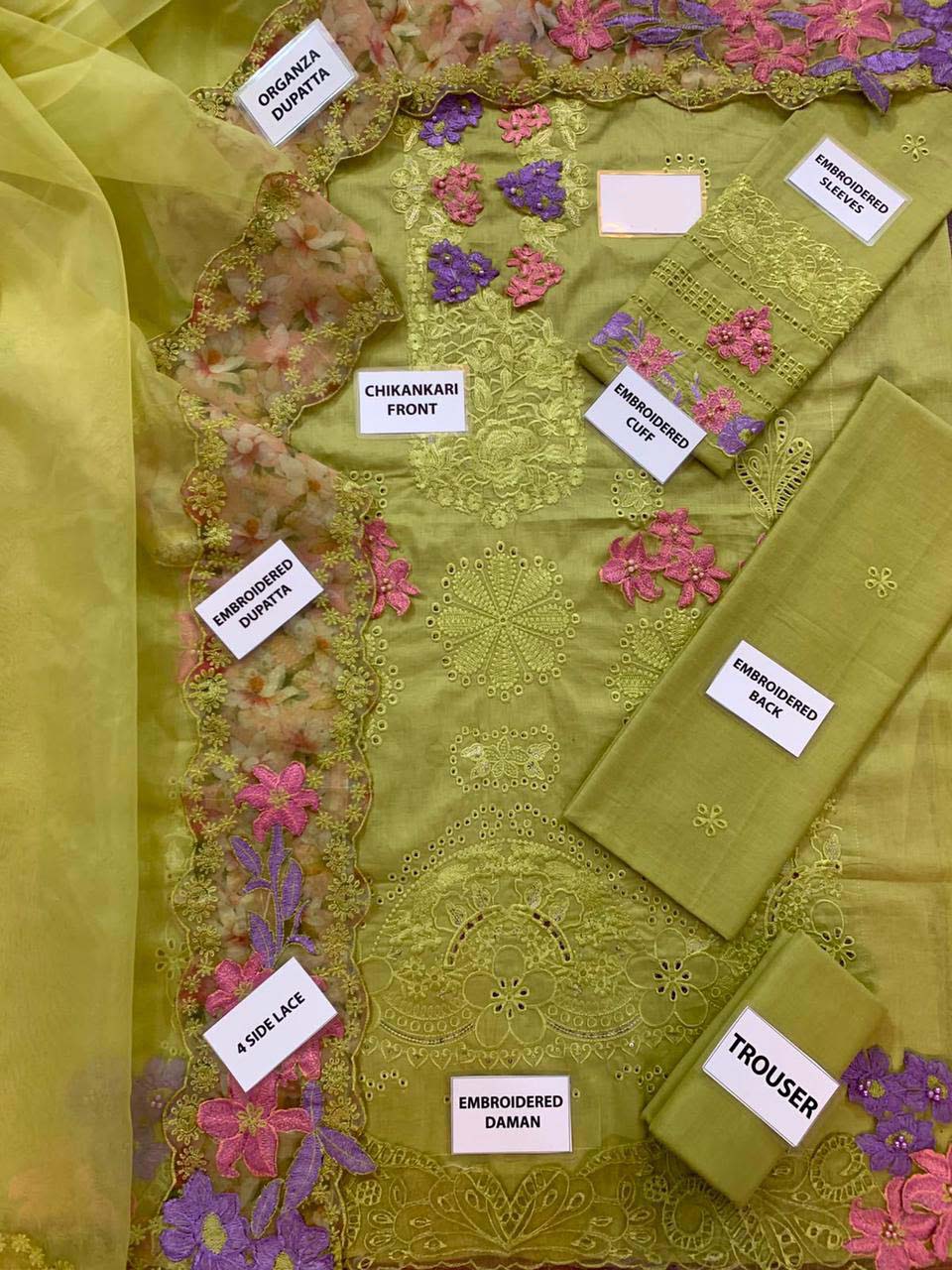 Elaf Chikankari Cotton 3-Piece unstitched Suit with Organza Dupatta KSA72