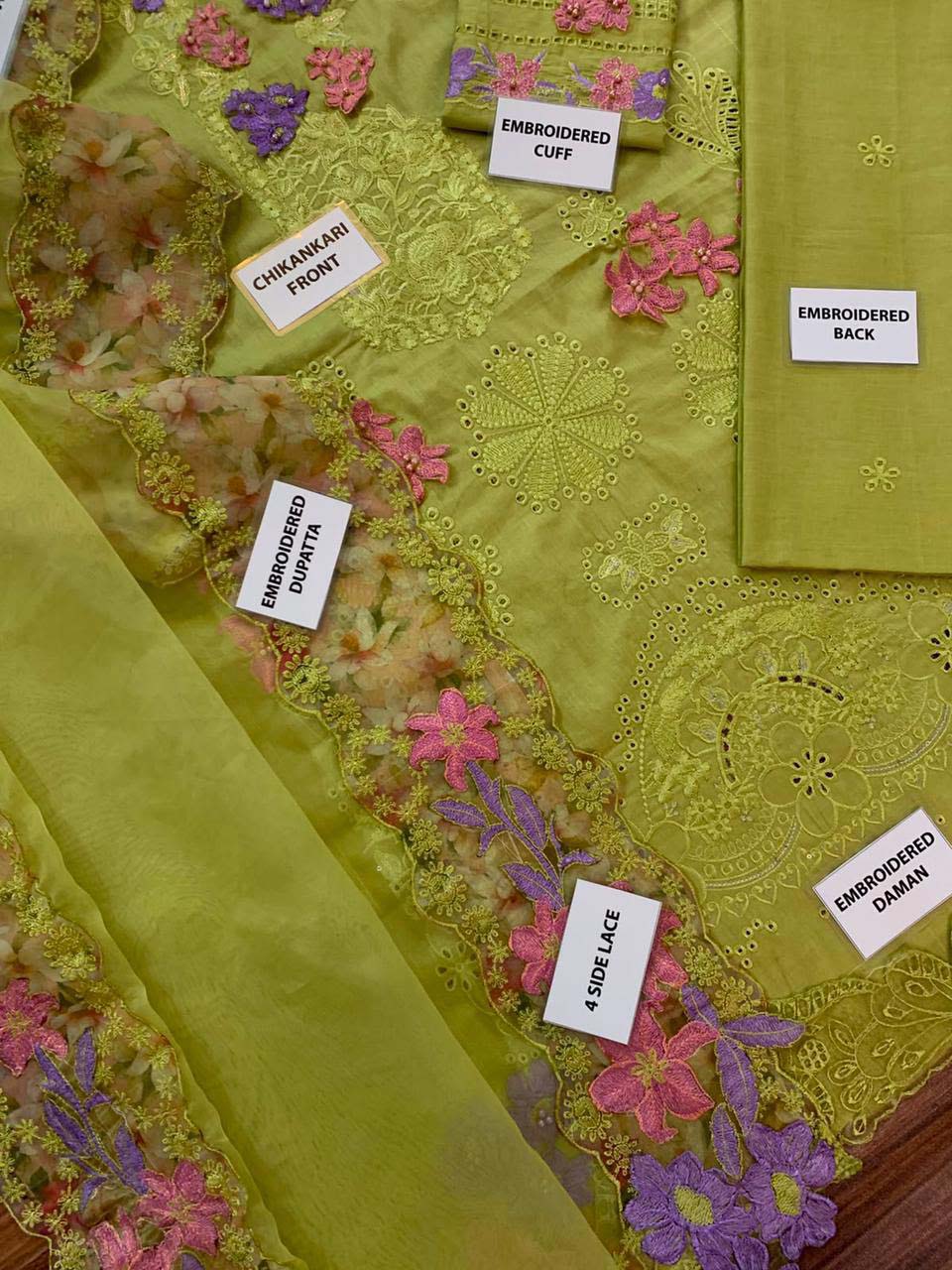 Elaf Chikankari Cotton 3-Piece unstitched Suit with Organza Dupatta KSA72