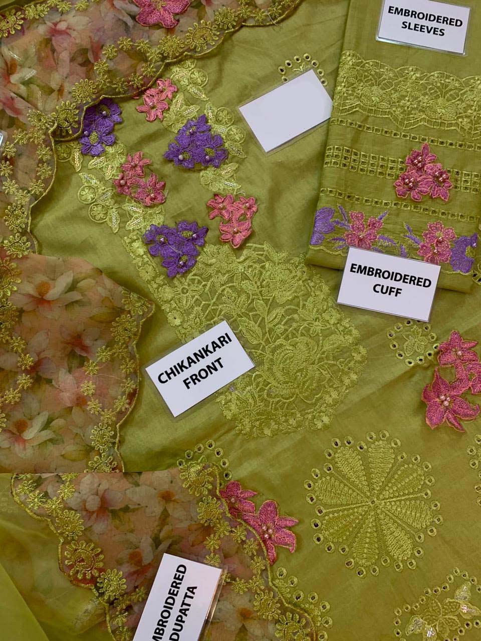 Elaf Chikankari Cotton 3-Piece unstitched Suit with Organza Dupatta KSA72