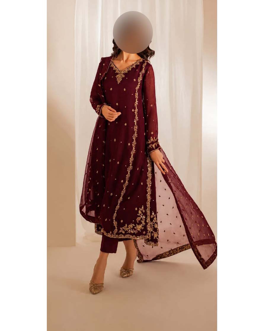 Iznik Luxury Heavy Embroidered Chiffon 3-Piece Suit with Malai Trouser KS92