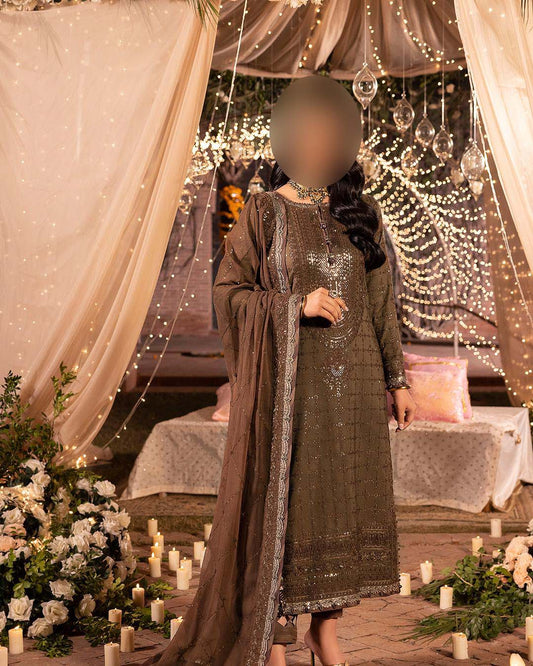 Asim Jofa Coffee Brown Embroidered Chiffon 3-Piece Suite Unstitched UP97