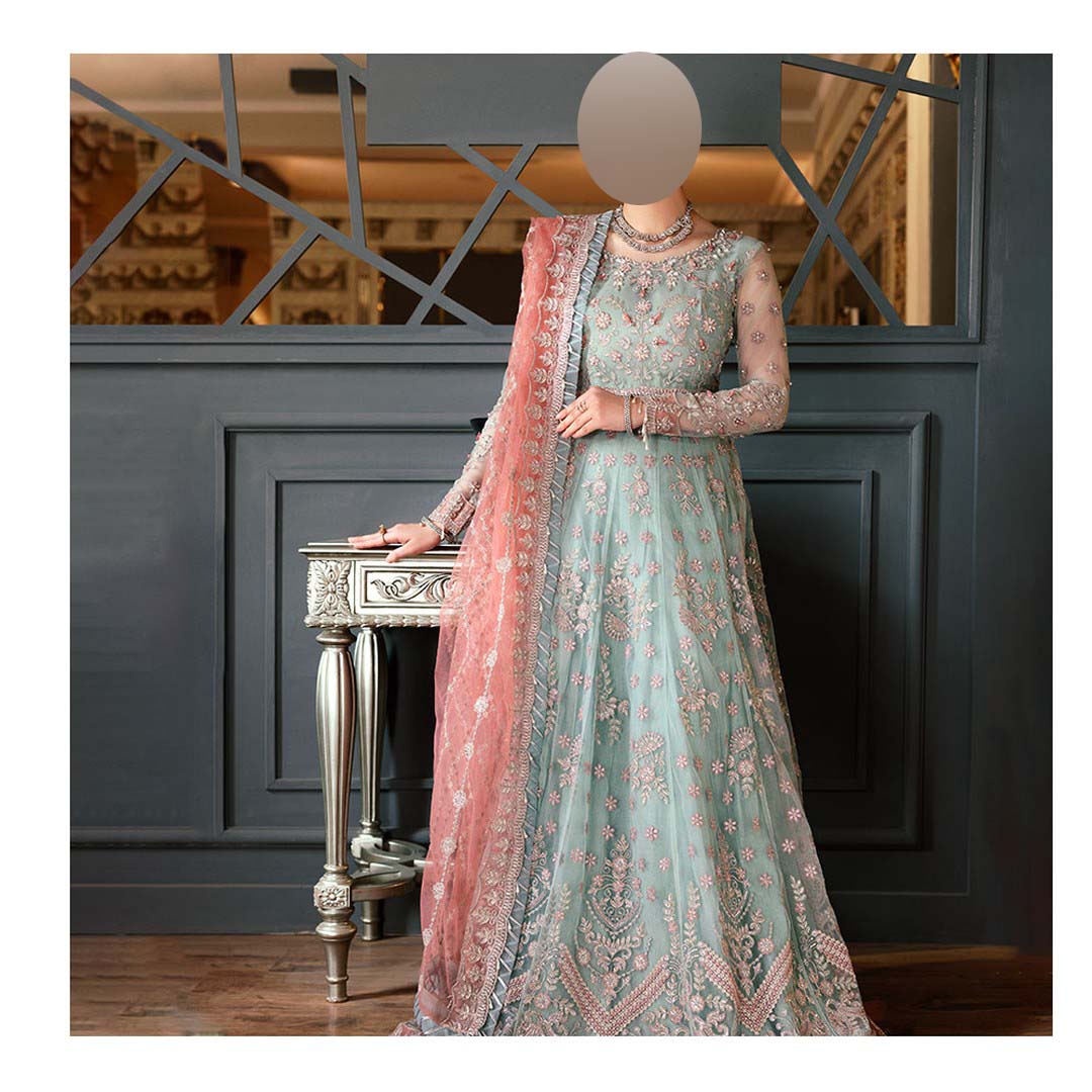 Luxury Heavy Embroidered Net Frock 3-Piece with Ready-to-Wear Dupatta & Satin Silk Trouser Unstitched UP166