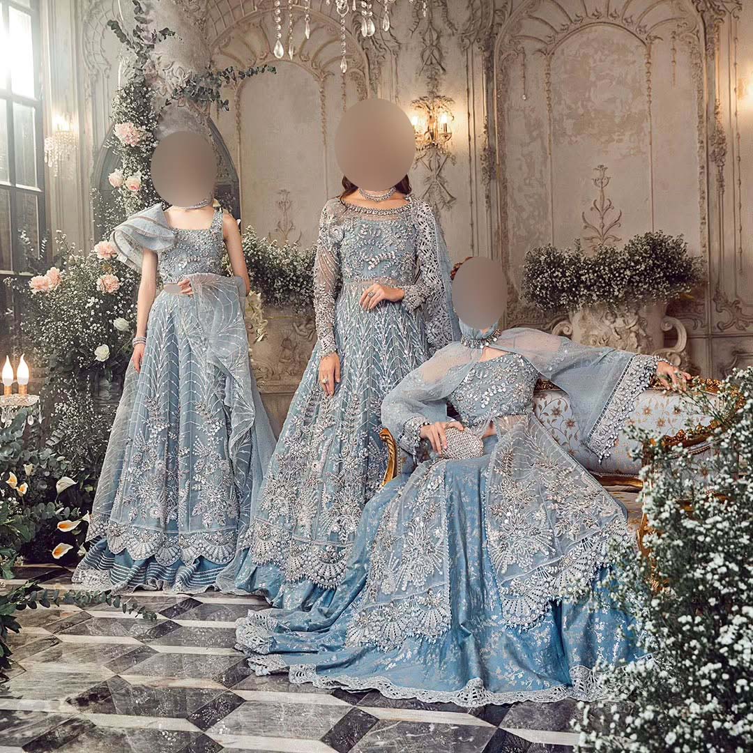 Maria B Bridal Sky Blue Luxury Collection with Qasab Net & Sheesha Jamawar Trouser Unstitched UP195