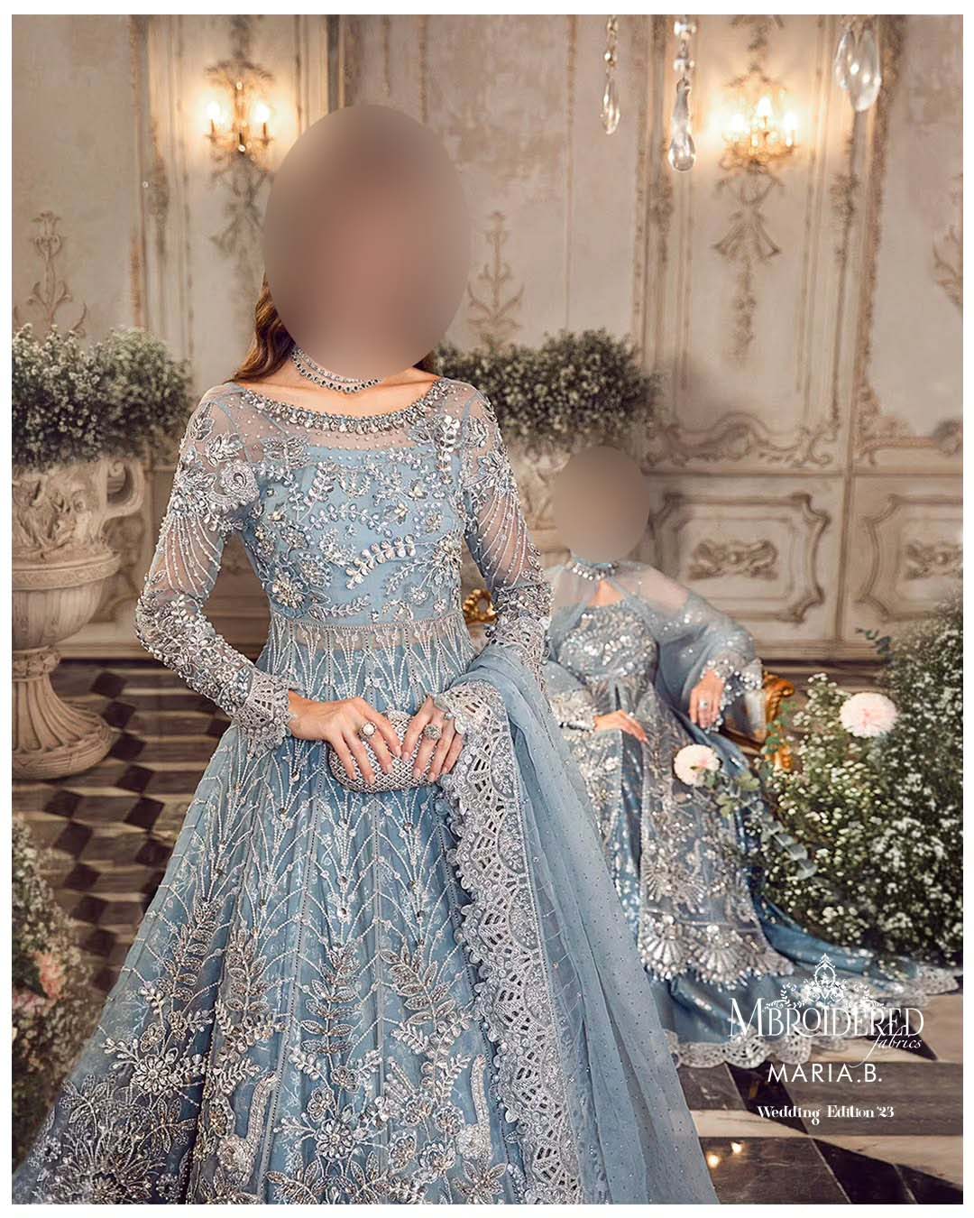 Maria B Bridal Sky Blue Luxury Collection with Qasab Net & Sheesha Jamawar Trouser Unstitched UP195