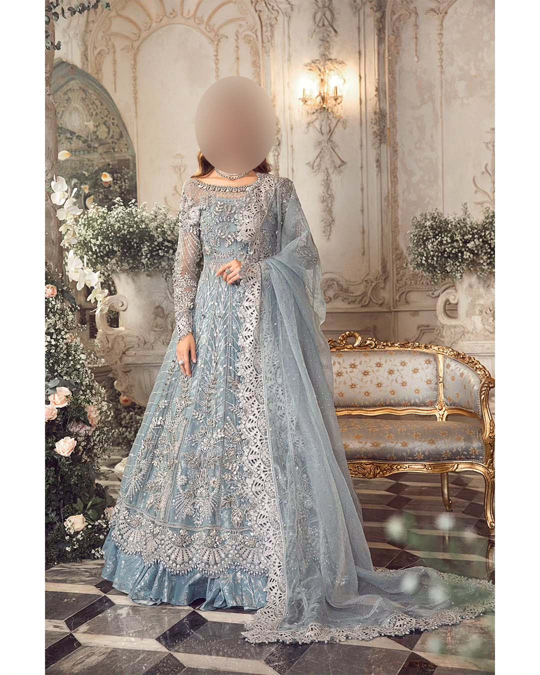 Maria B Bridal Sky Blue Luxury Collection with Qasab Net & Sheesha Jamawar Trouser Unstitched UP195