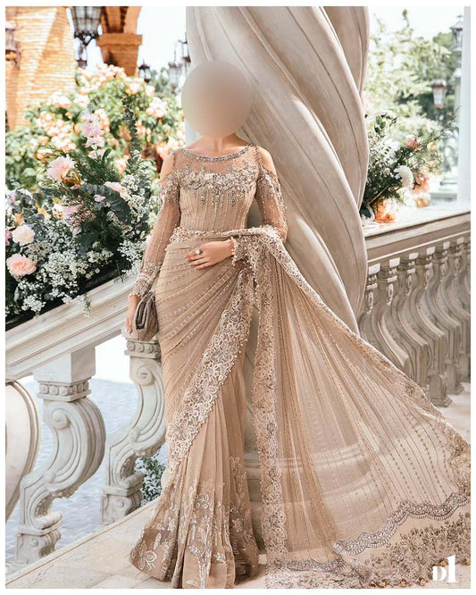 Maria B Luxury Heavy Embroidered Net Saree with Silk Petticoat Unstitched UP204