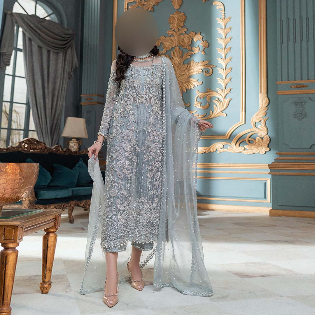 Luxury Net 3-Piece Suit with Embroidered Dupatta & Satin Silk Trouser Unstitched UP217