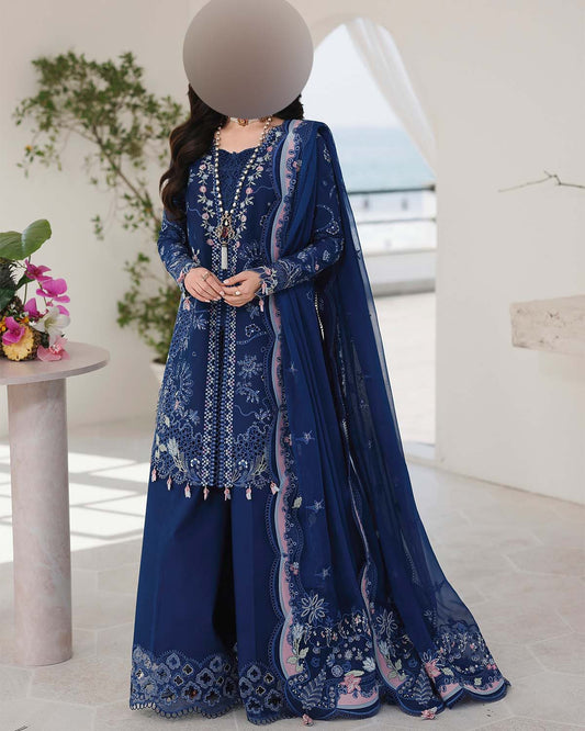 Qalamkar Chikankari Cotton 3-Piece Unstitched Suit with Organza Dupatta KSA70