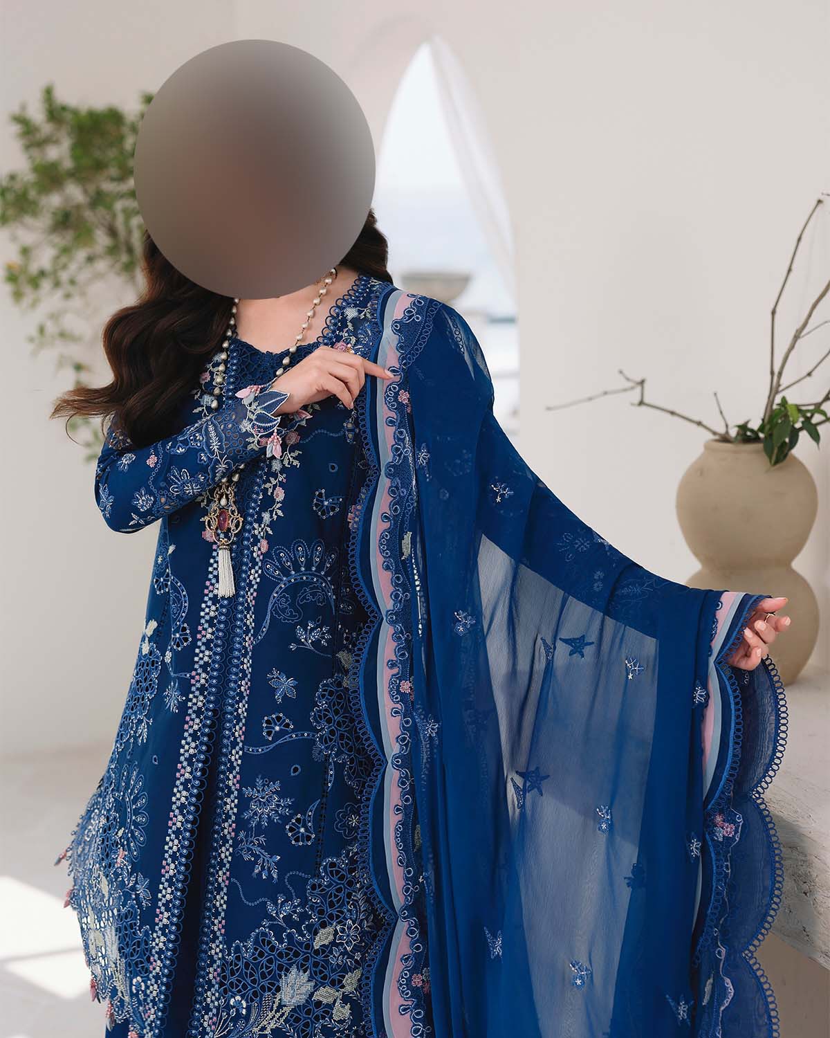Qalamkar Chikankari Cotton 3-Piece Unstitched Suit with Organza Dupatta KSA70
