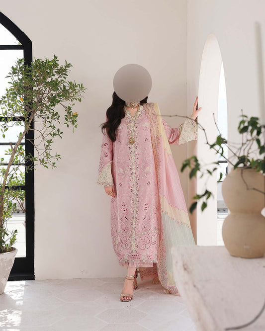 Qalamkar Chikankari Cotton 3-Piece unstitched Suit with Javeria Net Dupatta KSA73