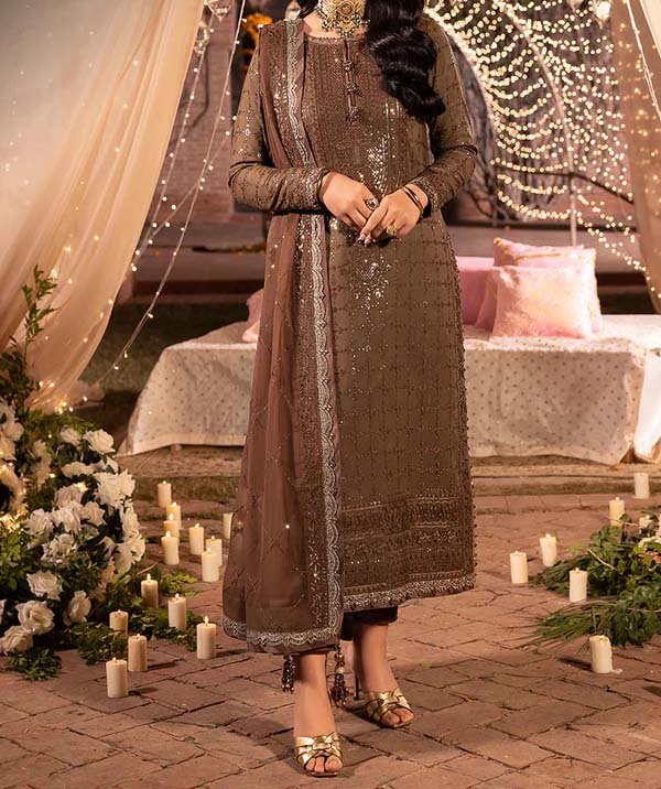 Asim Jofa Embroidered Chiffon 3-Piece in Coffee Brown with Silk Trouser AJ8734