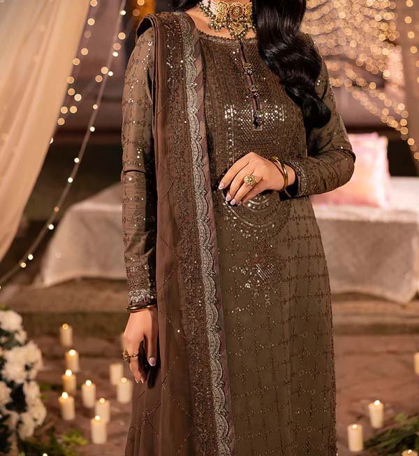 Asim Jofa Embroidered Chiffon 3-Piece in Coffee Brown with Silk Trouser AJ8734 - Image 2