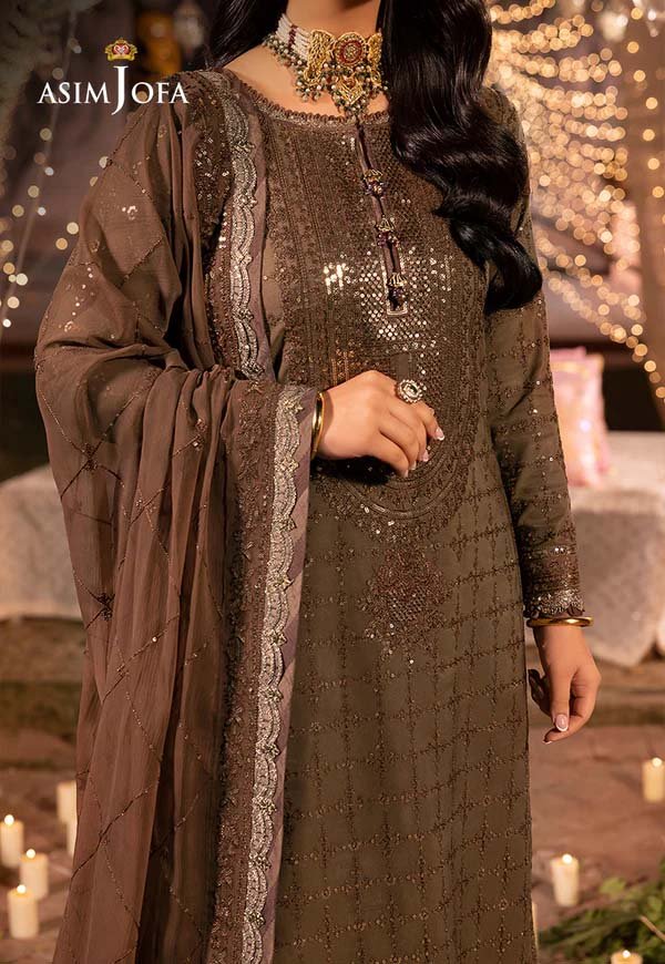 Asim Jofa Embroidered Chiffon 3-Piece in Coffee Brown with Silk Trouser AJ8734 - Image 3